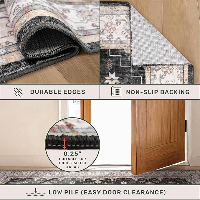 Black Boho Rug for Living Room 9x12 - Washable Dining Room Rugs for Under Table, Vintage Soft Low Pile Carpet for Bedroom, Non-Slip Farmhouse Bohemian Large Tumble Rug for High Traffic Area