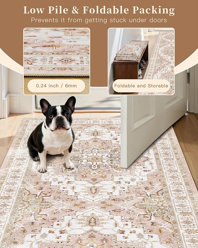 Madane Runner Rug 2x8, Washable Hallway Runner Rugs, Non-Slip Low-Pile Soft Kitchen Rug Runner Laundry Room Rug, Vintage Throw Entry Foyer Mat for Entrance Living Room (Pink, 2 x 8)