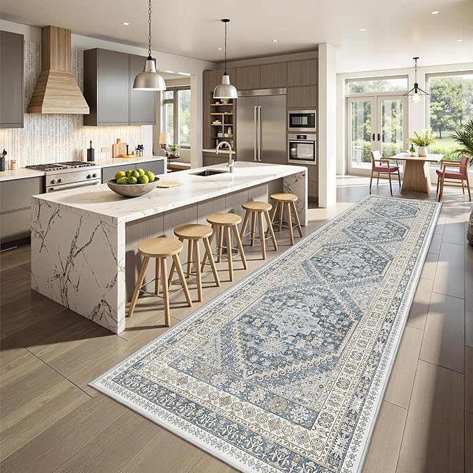 Runner Rug 2x10, Ultra-Thin Kitchen Rugs Non Slip Washable Rugs for Entryway Rug, Kitchen Runner Low Pile Vintage Soft Carpets for Living Room, Bathroom Bedroom (Blue/Beige,2'x10')