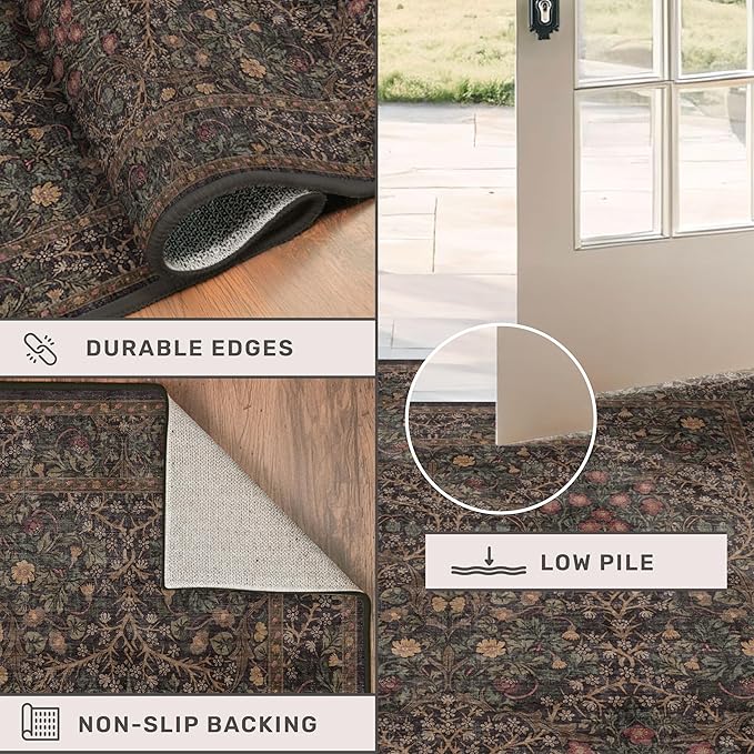 Vintage Dark Brown 3x4 Entryway Rug, Washable Small Area Rugs for Entry Way, Kitchen, Bathroom, Door Mat Indoor Entrance, Mudroom, Oriental Floral Low Pile Stain Resistant Non-Slip Throw Rug