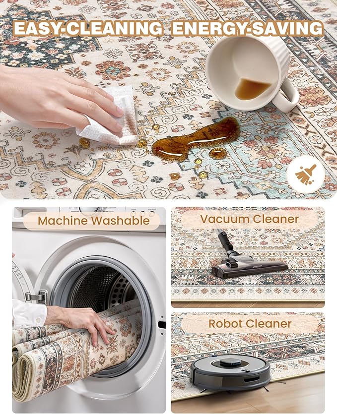 Washable Rugs 8x10 Area Rugs for Living Room, Non-Slip Backing Large Rug for Nursery Room, Vintage Floral Bedroom Rugs, Thin Indoor Home Decor Soft Farmhouse Rug (Blue/Red/Multi,8'x10')