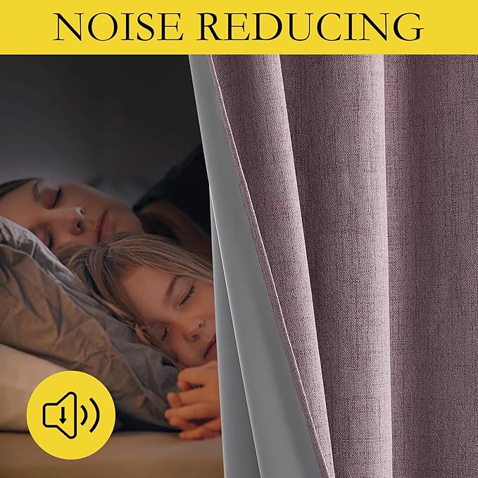 NICETOWN Chaise Mauve Vintage Linen 100% Blackout Curtains for Living Room, Thermal Insulated Curtains 90" Long, Noise Reducing Window Treatment Drapes for Hall Room, 42" Wide Per Panel, Set of 2