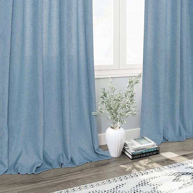 Nanspring Blue Curtains 80 Inches Length for Living Room Back Tab Rod Pocket Semi Sheer Linen Drapes Muted Neutral Boho Dusty Blue Linen Textured Window Curtain for Dining Room Bedroom 52X80 Inch