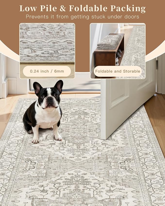 Madane 4x12 Wide Hallway Runners: Washable 12ft Runner Rug for Entryway Living Room Soft Vintage Non Slip Carpet Runner for Kitchen Dining Room Nursery Bedroom Thin Area Rug (Beige/Brown, 4x12ft)