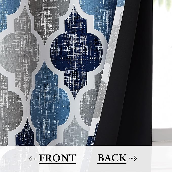 Beauoop 100% Blackout Curtains 72 Inches Long 2 Panels for Bedroom Living Room Blue Grey Moroccan Geo Room Darkening Thermal Insulated Soundproof Grommet Top Window Treatments Drapes, 50x72 Set of 2