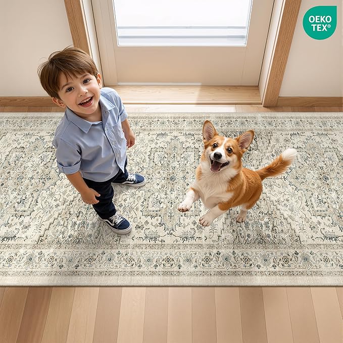 Runner Rug 2x8 Runners for Hallways Non Slip Washable, Vintage Hallway Runner Rugs for Living Room, Low Pile Soft Hallway Rug for Kitchen Bedroom Laundry Room Rug(Brown/Beige,2'x8')