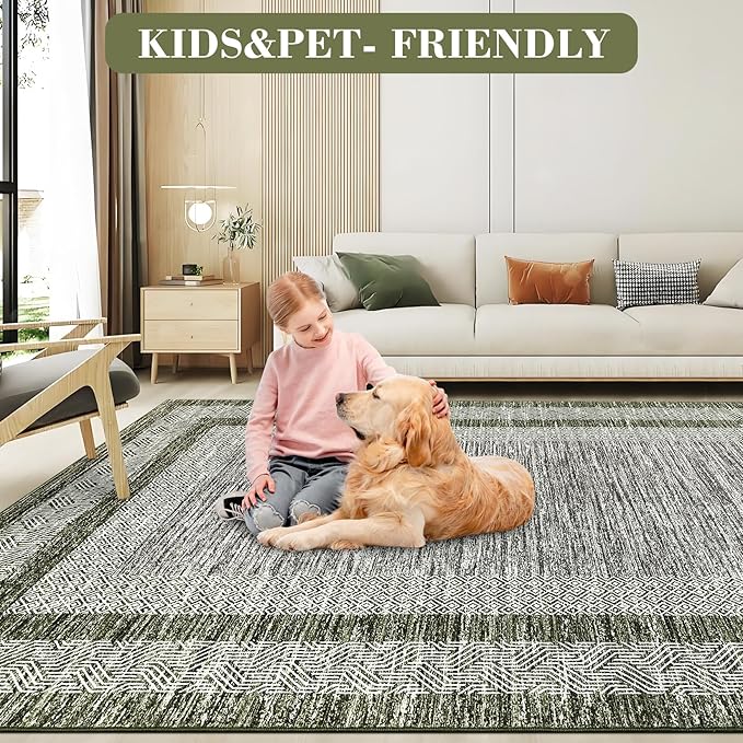 GarveeHome 2.5x8 Modern Bordered Runner Rug Soft Non Slip Washable Floor Carpet Distressed Geometric Hallway Indoor Printed Rug for Kitchen Entrance, Green