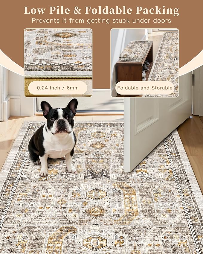 Madane Hallway Rug 3x10, Kitchen Rugs Washable Entryway Rug Vintage Kitchen Runners Non Slip Indoor Area Rug Farmhouse Carpet Runner for Bathroom Living Room Bedroom, Brown/Gold