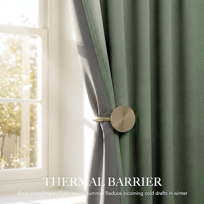 RYB HOME Forest Green 100% Blackout Linen Curtains 96 Length 52 Width, Privacy Assurd & Thermal Insulated Drapes for Bedroom/Sliding Door, Rod Pocket&Back Tab Modern Fashion Style, 2 Panels