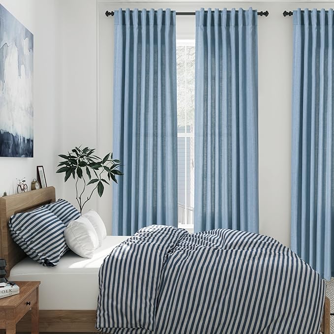Nanspring Blue Curtains 80 Inches Length for Living Room Back Tab Rod Pocket Semi Sheer Linen Drapes Muted Neutral Boho Dusty Blue Linen Textured Window Curtain for Dining Room Bedroom 52X80 Inch