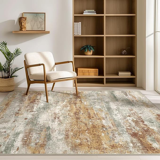 Area Rugs 8x10 for Living Room Bedroom, Modern Abstract Machine Washable Rug, Large Soft Low Pile Floor Cover with Non Slip Backing for Dining Room, Orange Green