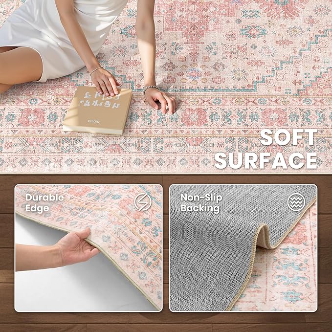 zesthome 10x14 Area Rugs - Large Pink Rugs for Bedroom Girls, Stain Resistant Washable Rugs, Vintage Low Pile Rug, Nursery Room Rug, Pink Room Decor (Pink/Blue,10'x14')