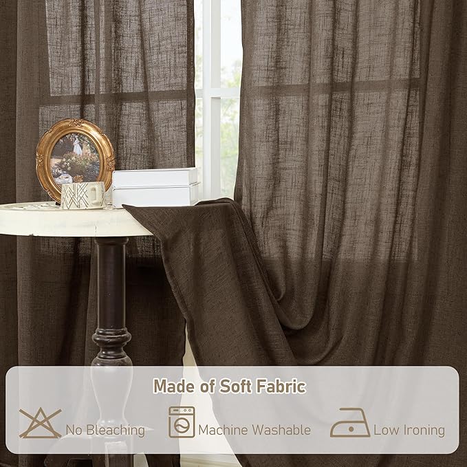LAMIT 40 Inch Length Linen Curtains for Small Windows, Semi Sheer Light Filtering Panels Back Tab and Rod Pocket Neutral Drapes for Basement/Window/Loft Room, Dark Brown, 2 Panels, 34 x 40 Inch