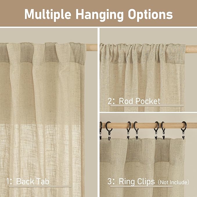 LAMIT 24 Inch Cafe Linen Curtains for Kitchen Window, Semi Sheer Light Filtering Short Curtains Back Tab and Rod Pocket Neutral Drapes for Bathroom/Basement, 2 Panels, Linen, 34 x 24 Inch