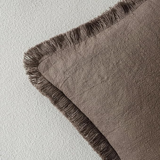 MIULEE Decorative Throw Pillow Covers Neutral Linen Fringe Throw Pillows Euro Shams Set of 2 Natural Coffee Boho Farmhouse Cushion Covers for Couch Sofa Bed Living Room Spring Home Decor 26x26 Inch