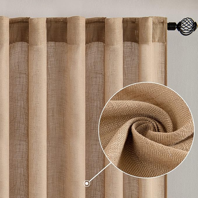 MIULEE Brown Linen Curtains 90 Inches Long for Bedroom Living Room, Soft Thick Linen Textured Window Drapes Semi Sheer Light Filtering Back Tab Rod Pocket Burlap Look Farmhouse Decor, 2 Panels Set