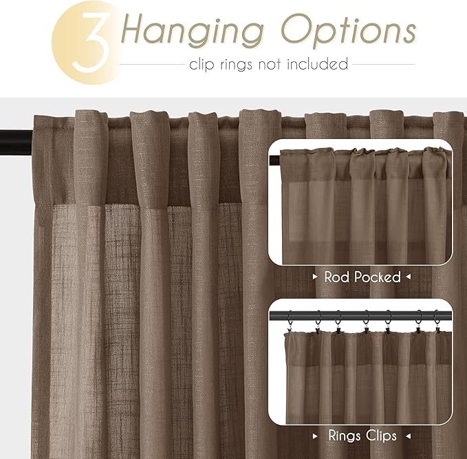 Chocolate Brown Linen Curtain 102 inch Length 2 Panels Back Tab Light Filtering Living Room Curtain Drapes Home Office Modern Minimalist Decor Farmhouse Boho Neutral Semi Sheer Curtain 102 inch Long
