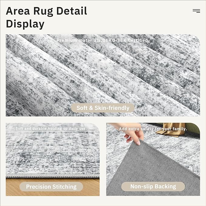 Hallway Runner Rug 4x8 Wide: Washable Thin Runners for Hallways Entry, Non Slip Soft Vintage Kitchen Area Rugs for Living Room Bedroom Dining Room Foyer (Grey, 4x8)