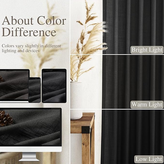 Nanspring Extra Long Black Linen Curtains 108 Inches Long 2 Panels Set for Living Room Privacy Simple Modern Semi Sheer Curtains Linen Textured Curtain for Bedroom Large Window 70x108