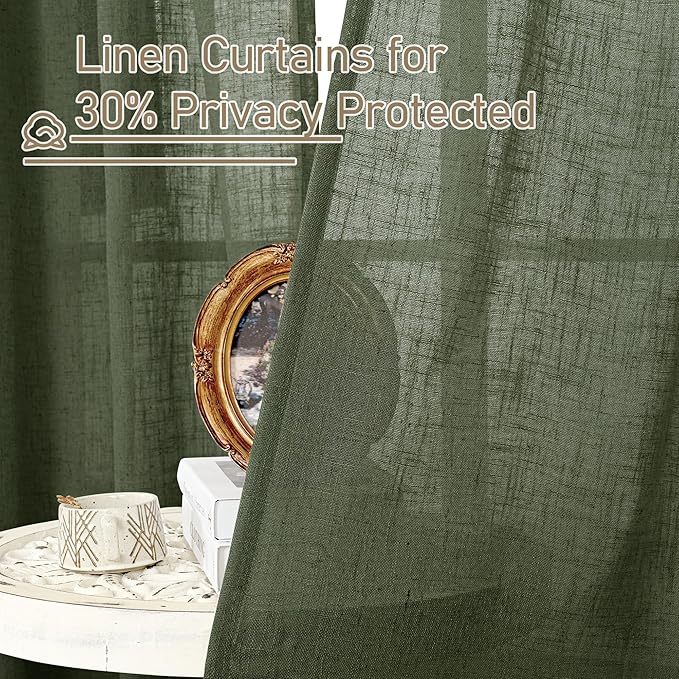 LAMIT 48 Inch Short Window Linen Curtains, Light Filtering Panels Back Tab and Rod Pocket Neutral Christmas Drapes for Cafe/Bathroom/Loft Room, Olive Green, 2 Panels, 34 x 48 Inch