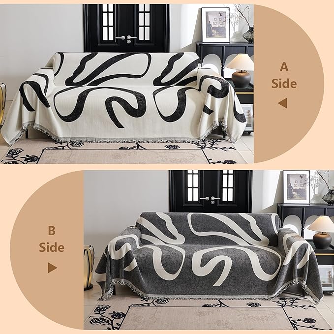MYSKY HOME Couch Cover for 3 Cushion Couch Sofa Cover, Super Soft Boho Couch Covers for Dogs Washable, Jacquard Sofa Slipcover Furniture Protector for Living Room, 91" x 150", Black Curve