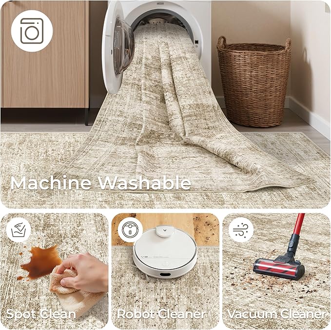 3x4 Washable Area Rug for Entryway, Soft Kitchen Rugs Non Slip for Dining Room, Vintage Abstract Living Room Rug, Thin Area Rugs Indoor for Bedroom, Kids Room Decor(3'x4', Brown/Ivory)