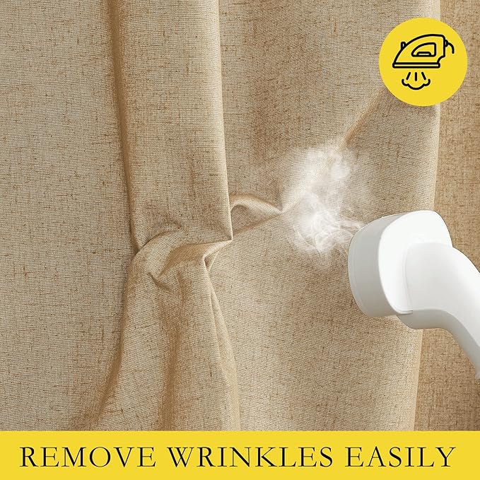 NICETOWN 100% Absolutely Blackout Linen Curtains with Thermal Insulated White Liner, Camel, W52 x L90, 2 Panels, Textured Linen Look Noise Reducing Window Treatments Drapes for Bedroom/Living Room