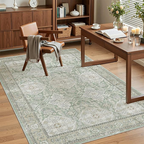 4x6 Area Rugs for Living Room, Vintage Washable Rugs for Dining Room, Bedroom, Home Office Decor, Non-Slip Green/Brown Carpet Thin Rug