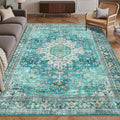 Washable Area Rug 5' x 7' Vintage Traditional Persian Mat - Foldable Distressed Non-Slip Machine Washable Carpet for Living Room Bedroom Kitchen Home Decor - Teal and Gold