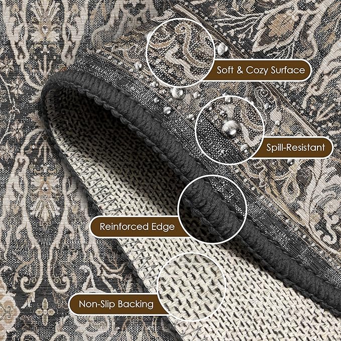Washable Area Rug 6' x 9' Vintage Traditional Persian Mat - Foldable Distressed Non-Slip Machine Washable Carpet for Living Room Bedroom Kitchen Home Decor - Ebony and Taupe